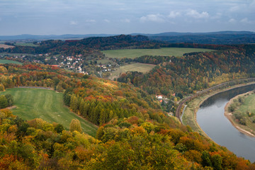 Amazing  view on the the natural landscape from the Konigstein fortress wall in autumn. Top tourist attraction in Europe. Valley of river Elbe in Saxon Switzerland. Germany.