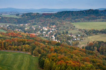 Amazing  view on the the natural landscape from the Konigstein fortress wall in autumn. Top tourist attraction in Europe. Valley of river Elbe in Saxon Switzerland. Germany.