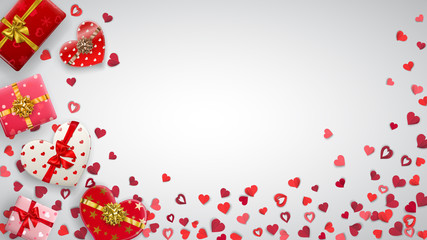 Background with small red hearts and colorful gift boxes with ribbons, bows and various patterns