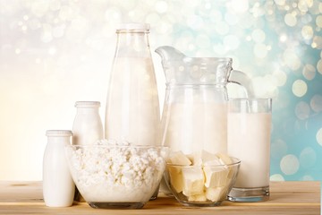 Glass of milk  and Dairy products on  background