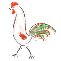 Walking rooster illustration. Farm animals, birds. Symbol of the year, zodiac. Cute graphic bird for prints, posters, calandars, fabric, textile, patterns