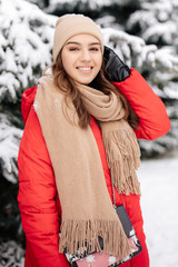 Girl stand on the forest and smile to camera. - Image