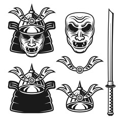 Samurai vector monochrome objects or elements