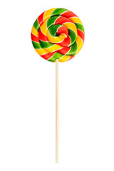Colorful spiral lollipop isolated on white background. Red green yellow Candy