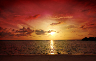 Fototapeta premium Kolorowy ocean plaży zmierzch. Tropikalna Maldives plaża.