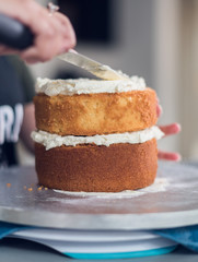 A beautiful organic delicious orange warm baked sponge cake, with fresh cream inside. cream icing baster.