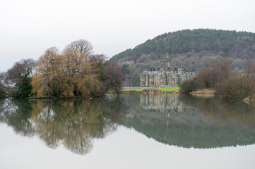 landscape with lake and trees, Margam park, the enormous house