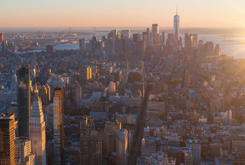 Aerial view of Manhattan wit sunset