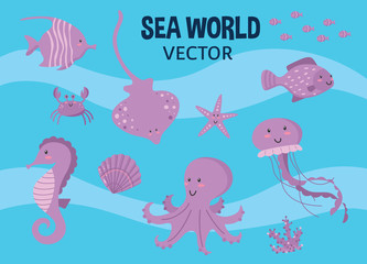 Sea world set flat cute illustration