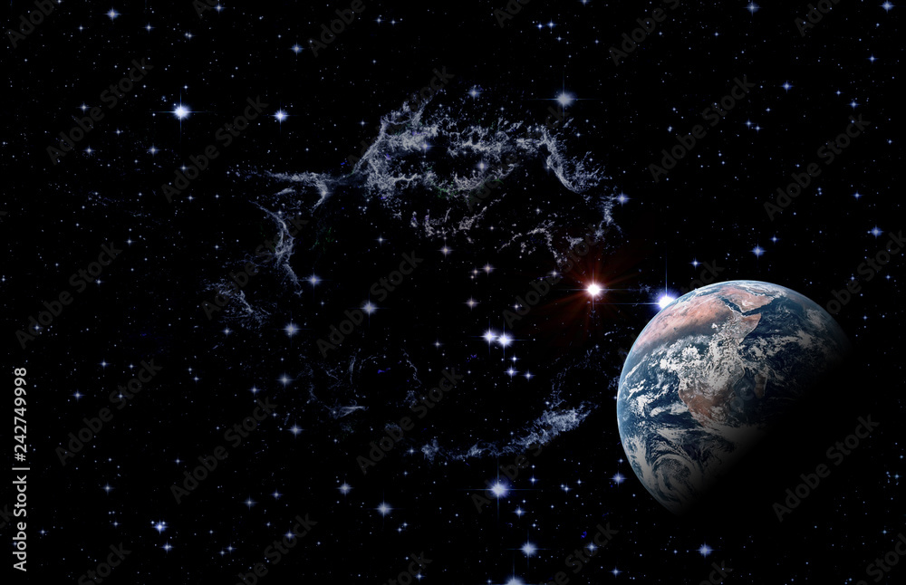Wall mural planet earth among deep dark space with stars and nebulae. elements of this image furnished by nasa.