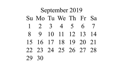 September 2019. Calendar 2019 vector. Simple design minimal 2019 calendar on desktop wallpaper