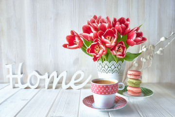Spring coffee background. The word 
