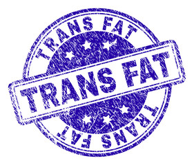 TRANS FAT stamp seal imprint with grunge effect. Designed with rounded rectangles and circles. Blue vector rubber print of TRANS FAT title with grunge texture.