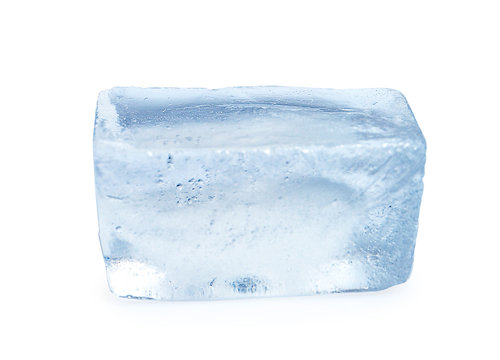 Single ice cube on white background. Frozen liquid