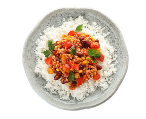 Plate of rice with chili con carne on white background, top view