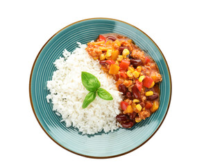 Plate of rice with chili con carne on white background, top view