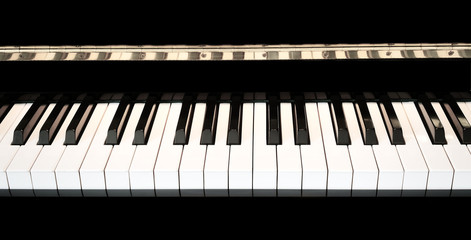 Piano keys close up with black and white keyboard with space for copy.