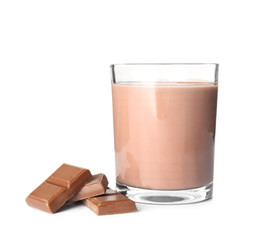 Glass with tasty chocolate milk on white background. Dairy drink