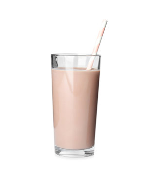 Glass with tasty chocolate milk on white background. Dairy drink