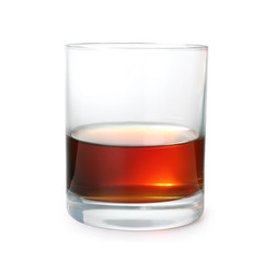 Glass of scotch whiskey on white background