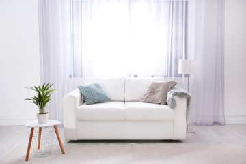 Modern living room interior with comfortable sofa. Space for text