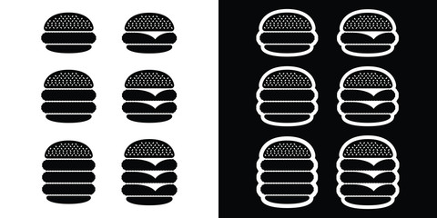 Hamburger and cheeseburger icon set with black vector burgers icons and triple and double burgers isolated on a white background with a black sticker version white outlined set