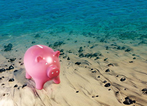Piggy bank on the beach, saving money for the future, 3D illustration