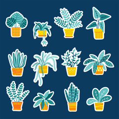Collection of stickers with folliage houseplants, hand drawn elements. 