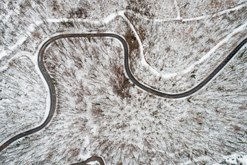 Winter road turns from above