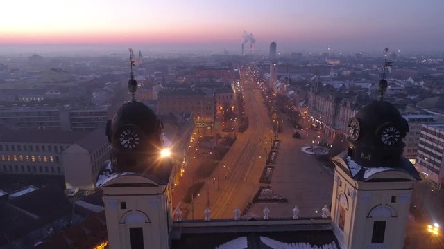 Aerial video of Reformed Great Church in Debrecen city, Hungary