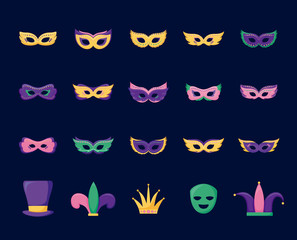 mardi gras card set icons