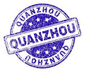 QUANZHOU stamp seal watermark with grunge texture. Designed with rounded rectangles and circles. Blue vector rubber print of QUANZHOU tag with grunge texture.