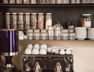 espresso machine and acessories in a nice vintage restaurant 