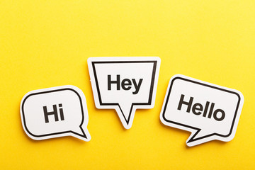 Hello Speech Bubble Isolated On Yellow Background © christianchan