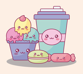 plastic cup container and ice cream kawaii characters