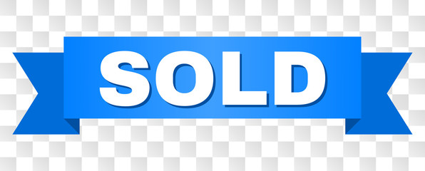 SOLD text on a ribbon. Designed with white caption and blue stripe. Vector banner with SOLD tag on a transparent background.