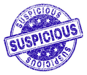 SUSPICIOUS stamp seal watermark with grunge texture. Designed with rounded rectangles and circles. Blue vector rubber print of SUSPICIOUS text with scratched texture.
