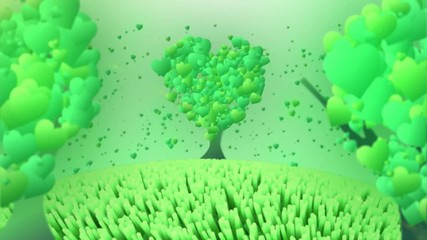 Motion graphics background with animated hearts on green fantasy trees and waving fibers imitating grass. Great for St. Valentines Day, wedding anniversary or greeting e-cards