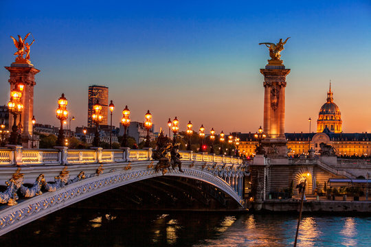 Paris at night, Alexandre III bridge, France