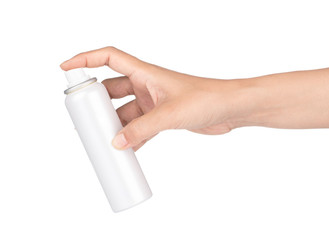 hand of a girl applied a sunscreen spray isolated on white background.