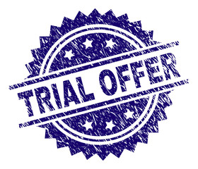 TRIAL OFFER stamp seal watermark with distress style. Blue vector rubber print of TRIAL OFFER label with unclean texture.