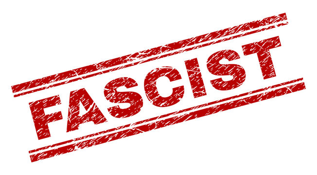 FASCIST seal watermark with corroded texture. Red vector rubber print of FASCIST text with dust texture. Text tag is placed between double parallel lines.