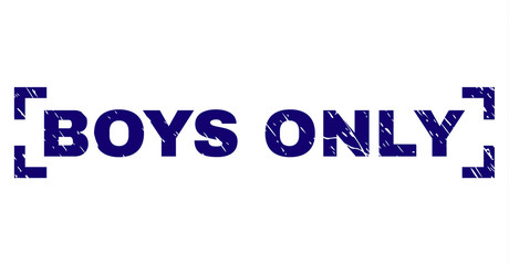 BOYS ONLY tag seal print with grunge texture. Text label is placed inside corners. Blue vector rubber print of BOYS ONLY with grunge texture.