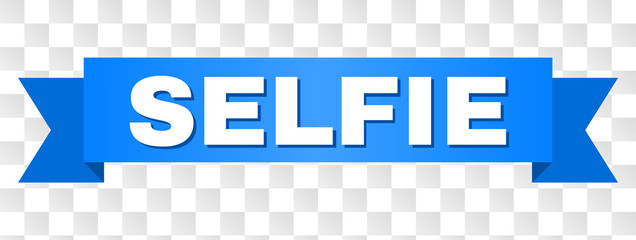 SELFIE text on a ribbon. Designed with white caption and blue tape. Vector banner with SELFIE tag on a transparent background.