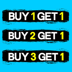 Fototapeta premium Buy 2 Get 1 Free, 3 sale banners, discount tags design template, grunge brush, vector illustration