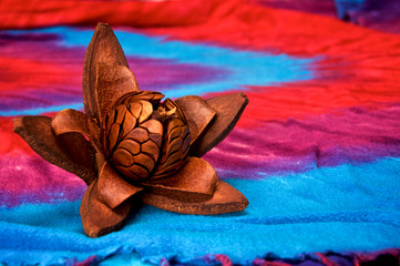 A fully open skyfruit flower of the mahogany tree on a colorful cloth background. Used in...