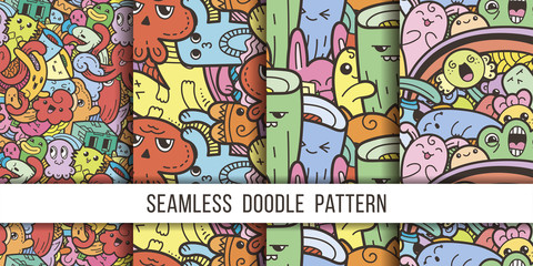 Obraz premium Collection of funny doodle monsters seamless pattern for prints, designs and coloring books