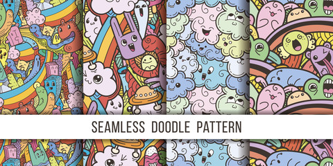 Collection of funny doodle monsters seamless pattern for prints, designs and coloring books