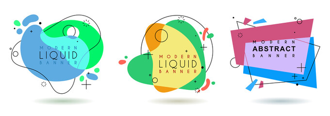 Set of flat geometric shape with outline in memphis design style. Vivid transparent banner in retro poster design style