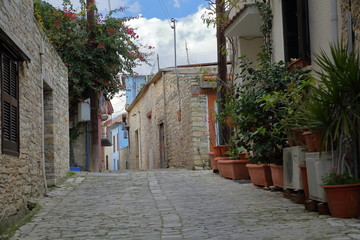 Fototapeta na wymiar Narrow street in old town, beautiful stony village Lefkara, Cyprus, 